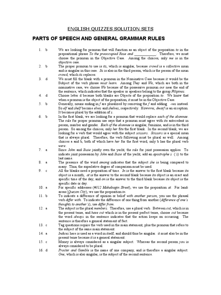 English Grammar Quizzes Parts of Speech and General Grammar Rules