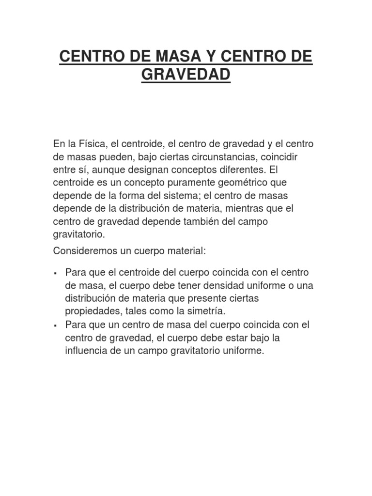 Centro de Masa y Centro de Gravedad PDF Centro de masa Masa