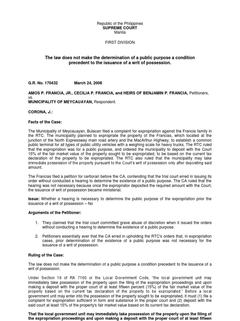 Francia Vs Meycauyan, Bulacan PDF Eminent Domain Writ