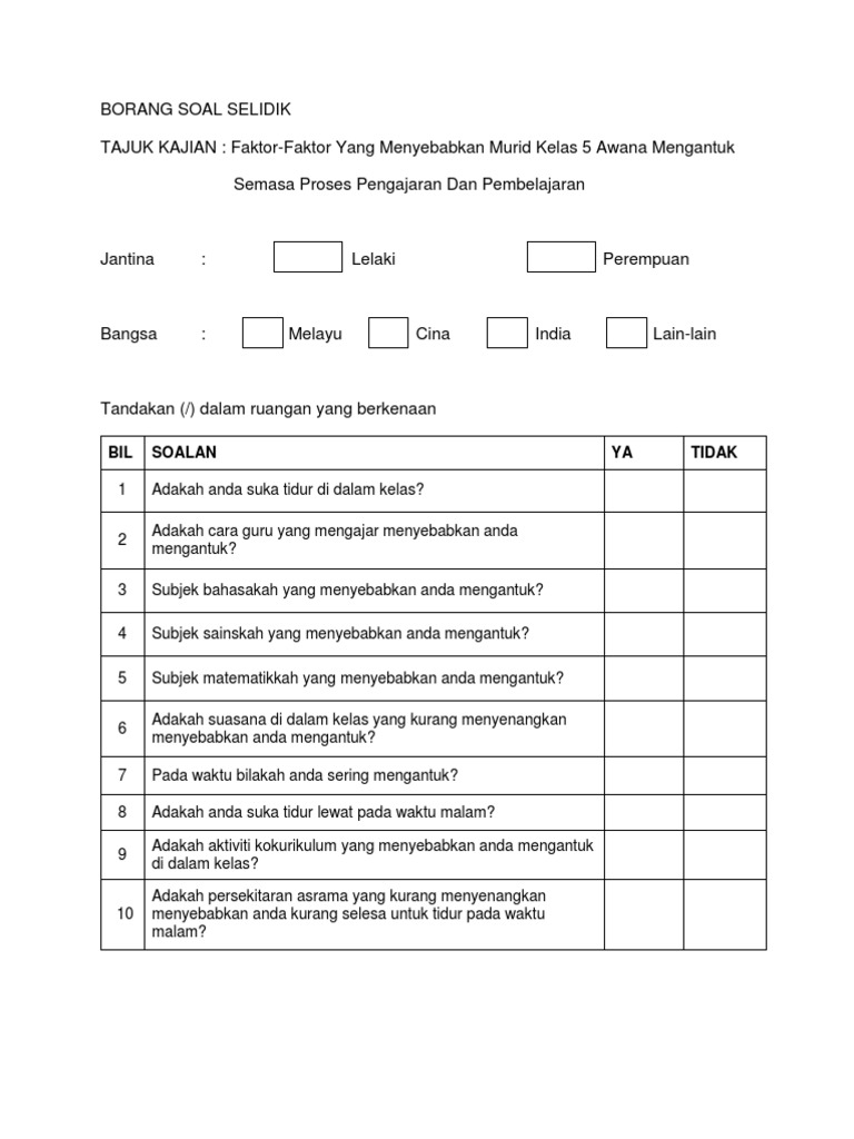 Contoh Borang Soal Selidik Aktiviti Kokurikulum