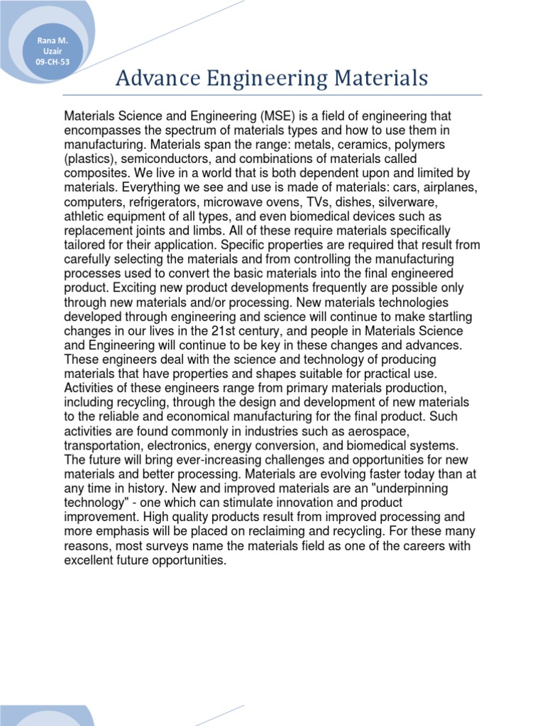 Advanced Engineering Materials Guide | PDF | Ceramics | Metals