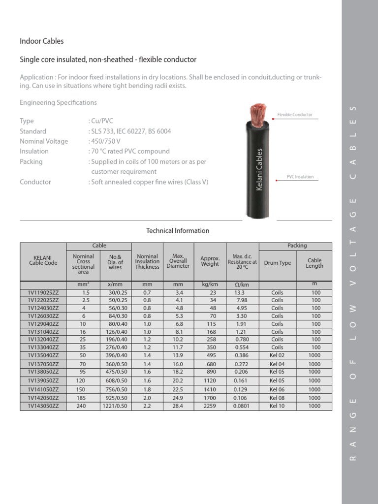 Kelani Low Voltage Cable Specifications | PDF