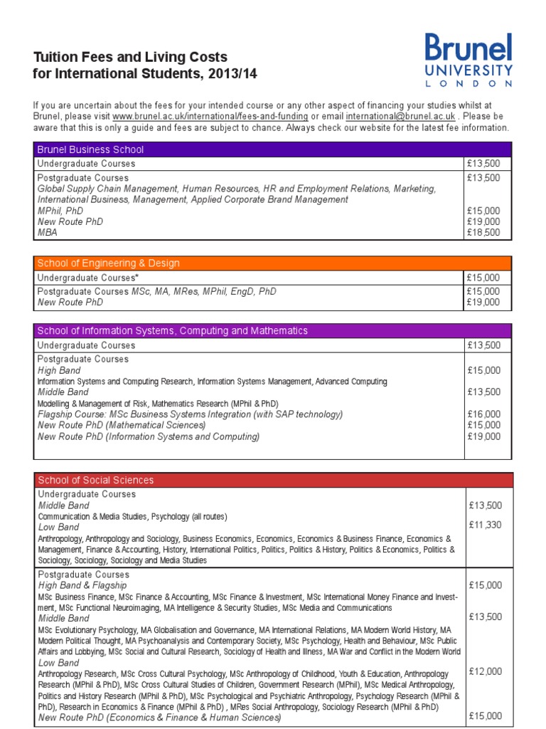 Tuition Fees and Living Costs For International Students, 2013/14 PDF