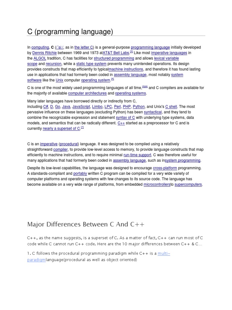 C (Programming Language) : Major Differences Between C and C++ | PDF