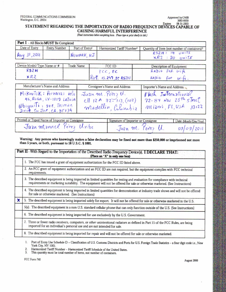 FCC Form 740: RF Device Import Statement | PDF | Federal Communications ...