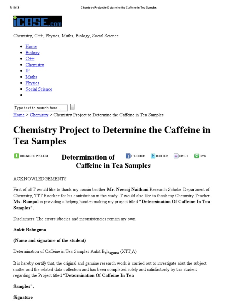 Chemistry Project To Determine The Caffeine in Tea Samples | PDF ...