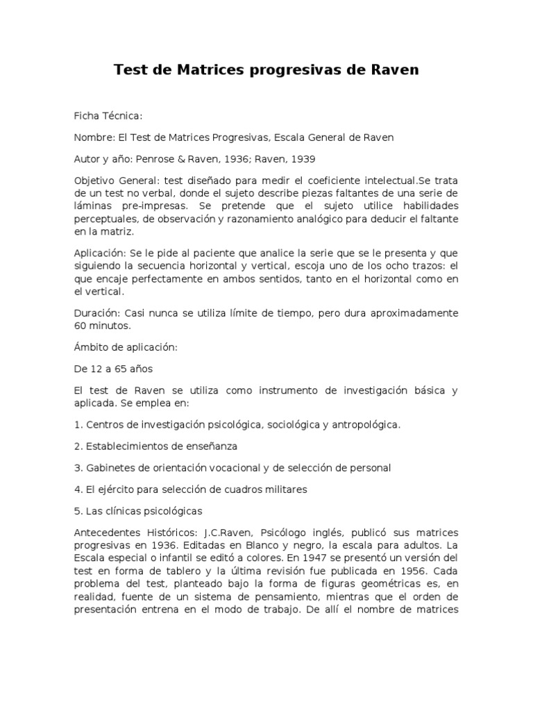 Test de Matrices Progresivas de Raven Ficha Tecnica