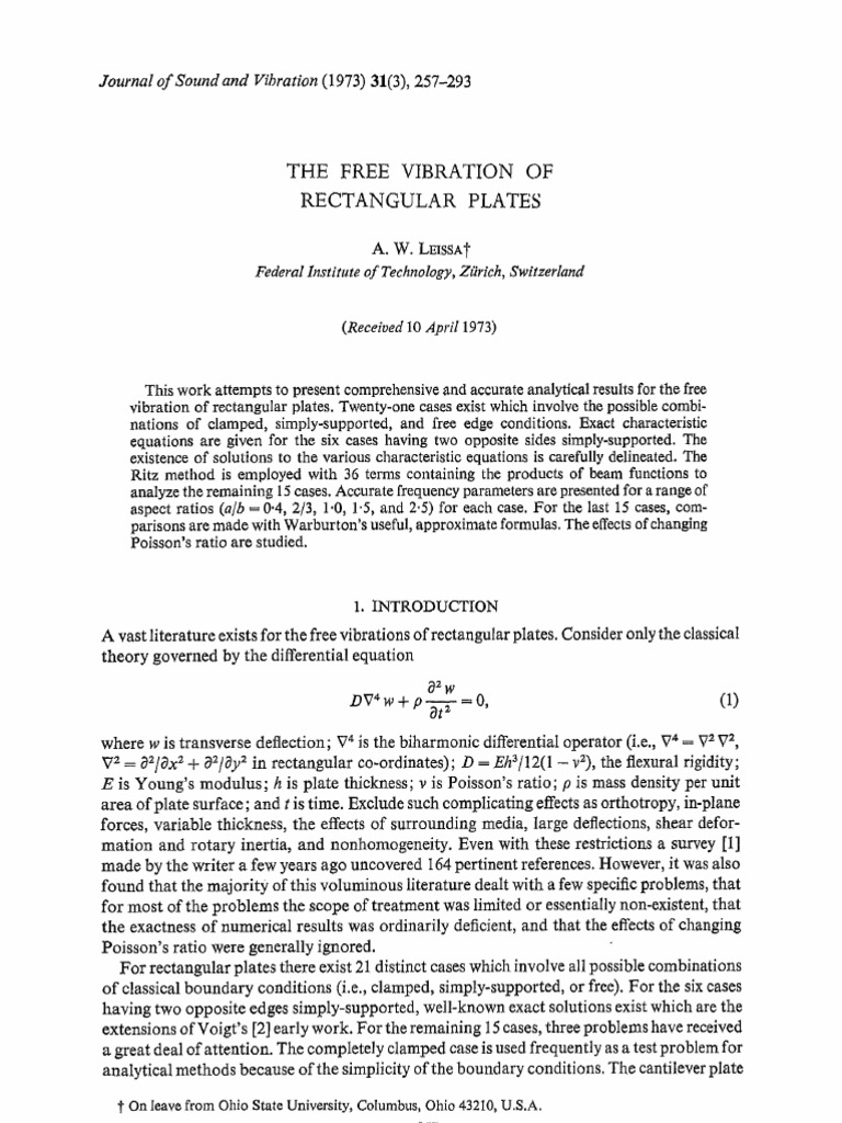 Leissa - The Free Vibration of Rectangular Plates | PDF | Mathematical ...