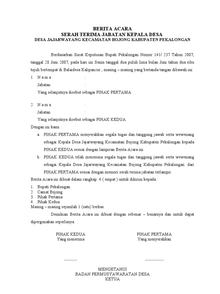 Berita Acara Serah Terima Jabatan Kades Th 2007 2013 Berita Acara Serah Terima Rkb.