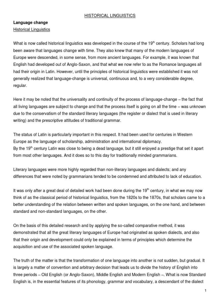 Historical Linguistics Summary PDF English Language Grammatical