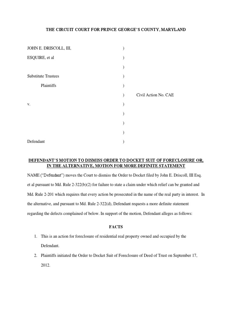 MTD Foreclosure or Definite Statement Foreclosure Pleading