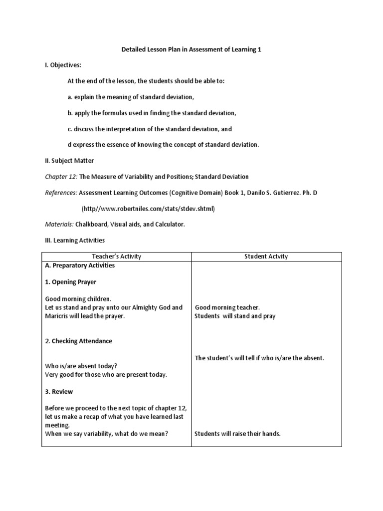 Detailed Lesson Plan in Assessment of Learning 1 | PDF | Standard ...
