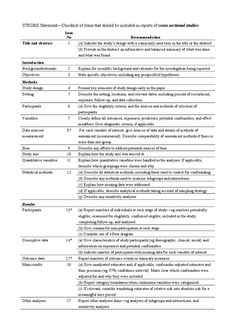 STROBE Checklist for Cross-Sectional Studies | PDF | Confounding ...