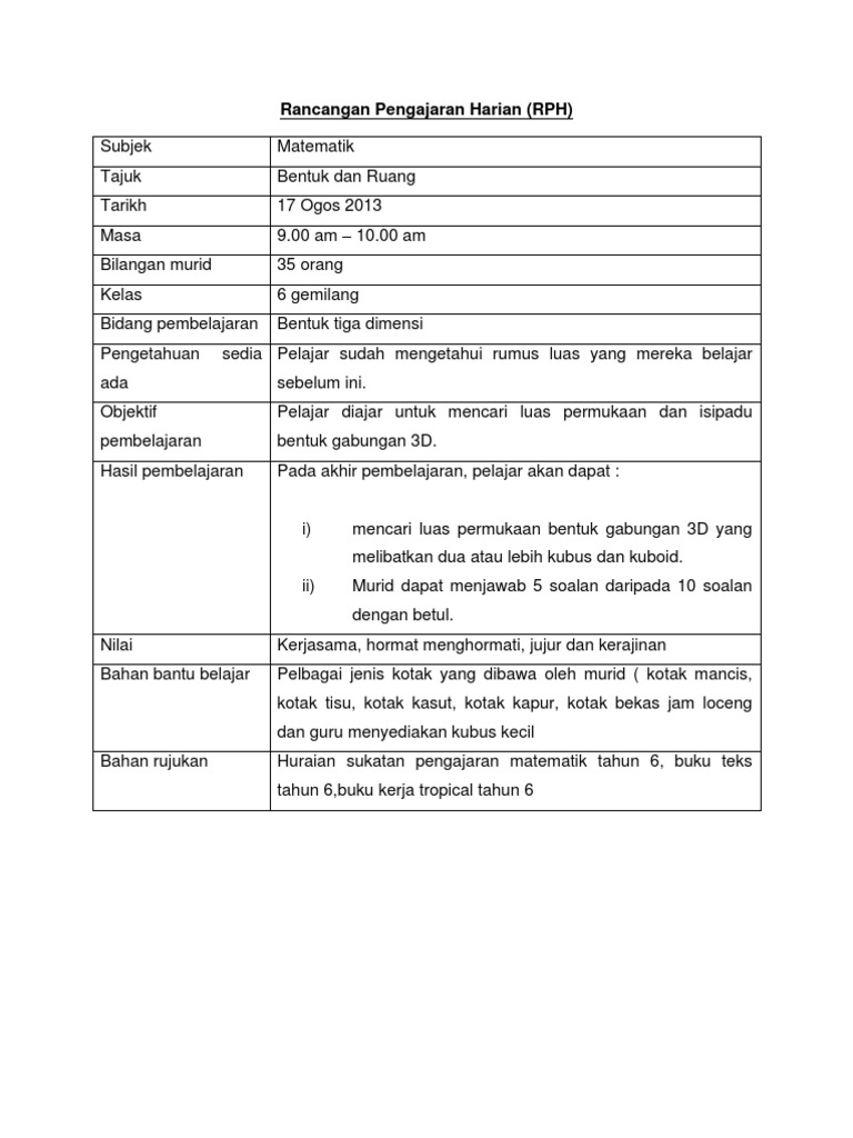 Rancangan Pengajaran Harian Mte Tahun 6 Bentuk Dan Ruang Pdf