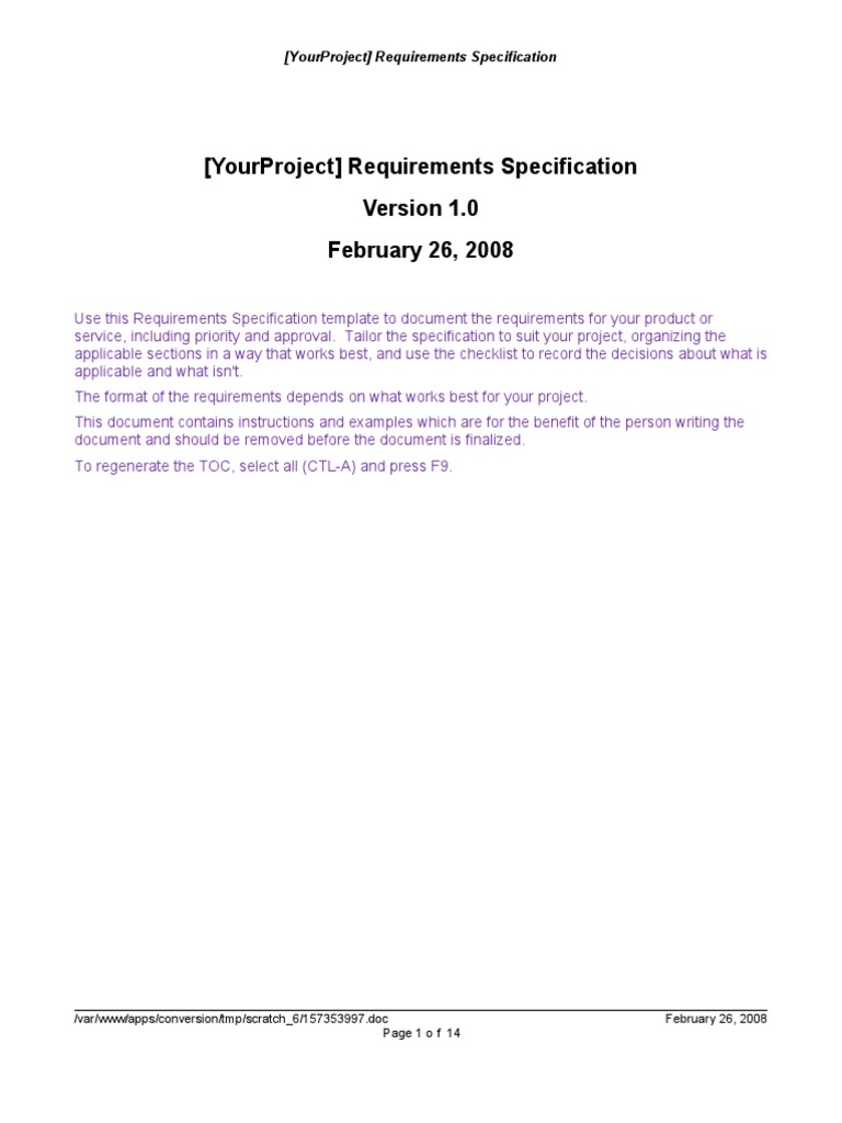 Requirements Specification Template | PDF | Specification (Technical