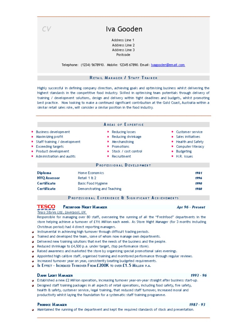 Retail Manager Fresh Food CV Retail Sales
