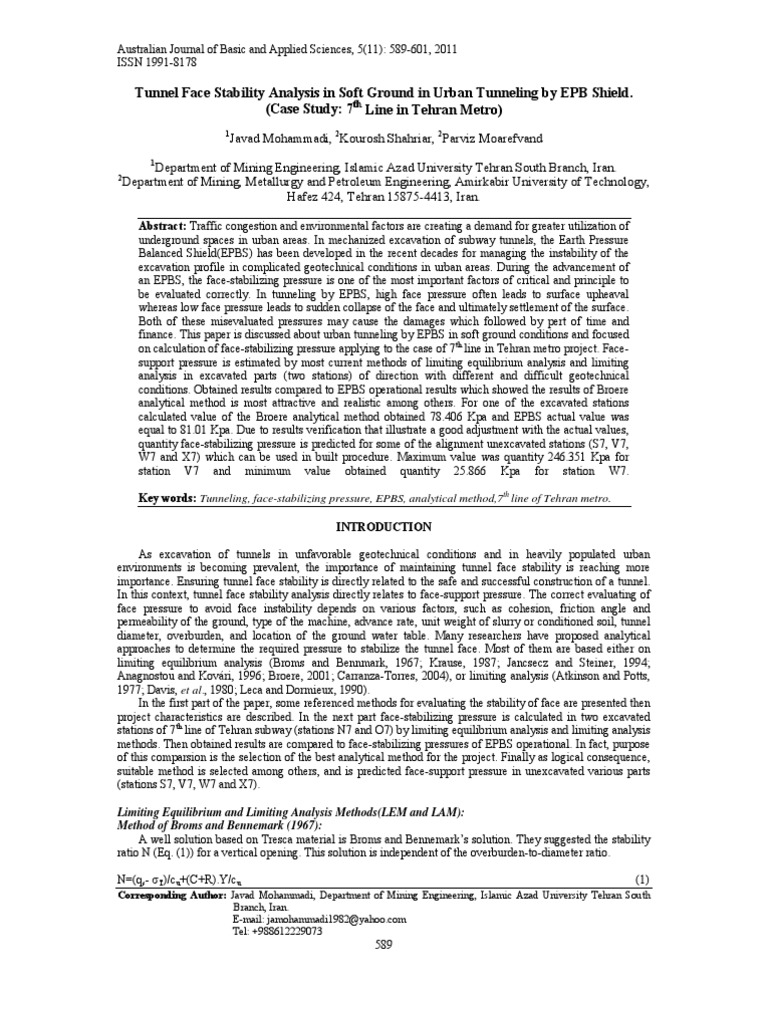 Tunnel Face Stability Analysis in Soft Ground in Urban Tunneling by EPB ...