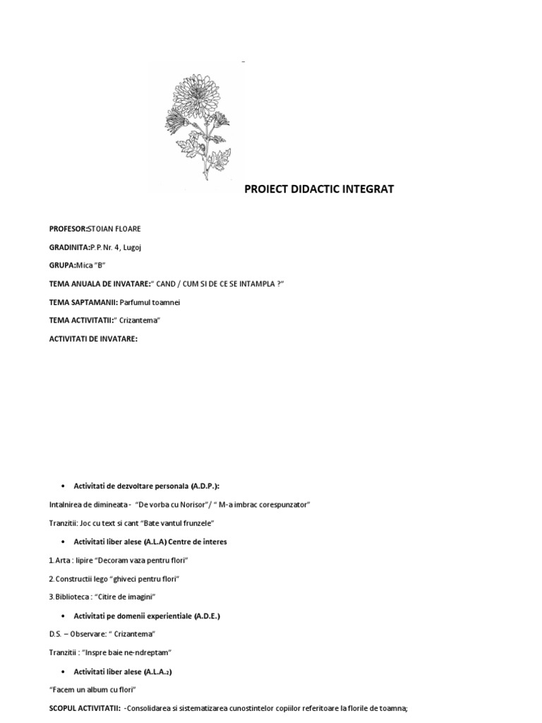 Proiect Didactic Integrat Crizantema