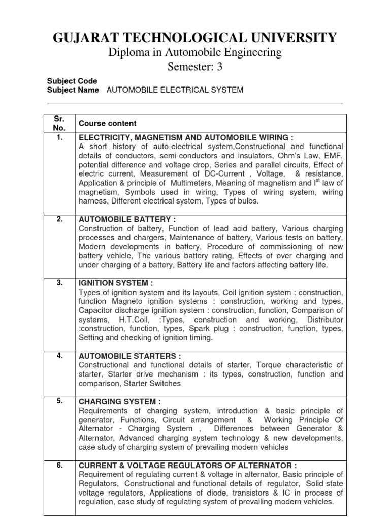 Automobile Electrical Systems Syllabus | PDF | Ignition System | Voltage