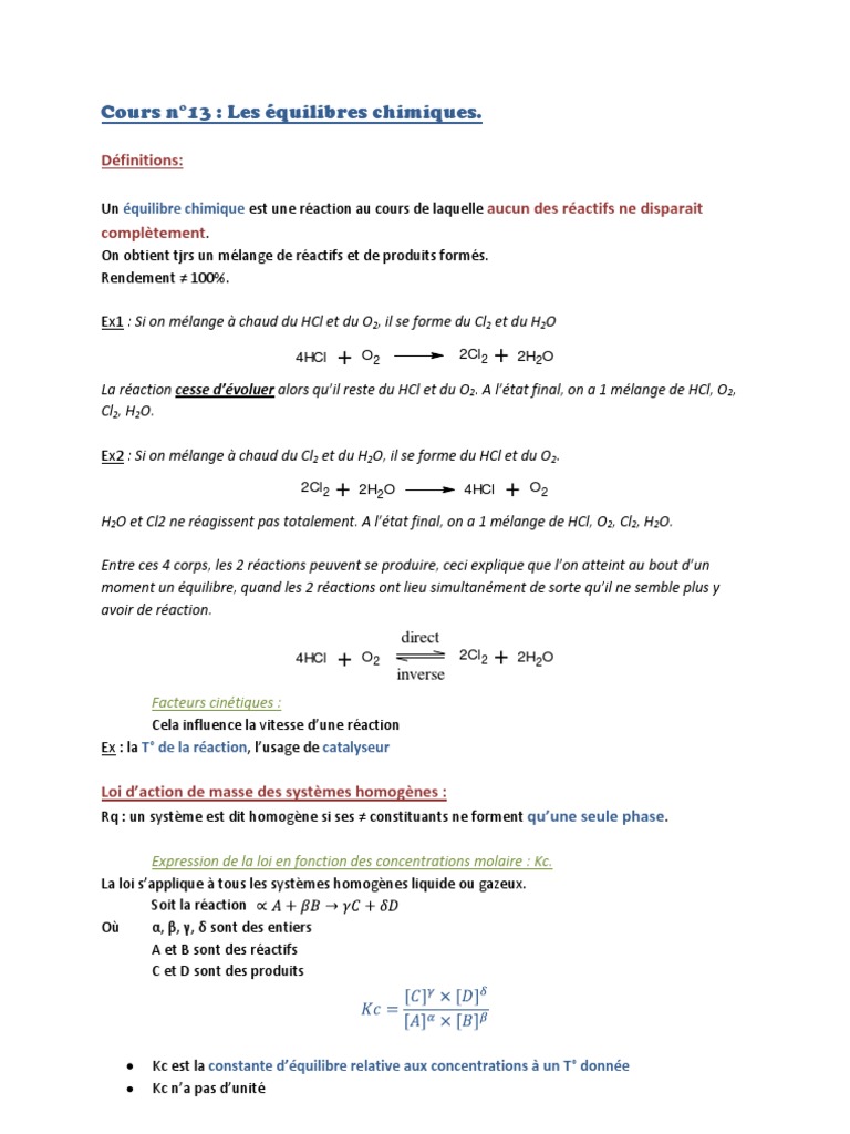 Cours sur les équilibres chimiques | PDF | Équilibre chimique ...