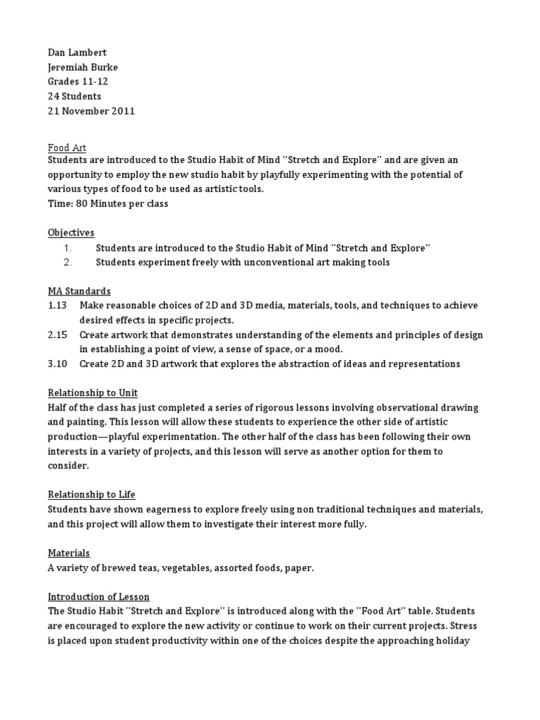 Food Art Lesson Plan PDF Lesson Plan Educational Assessment