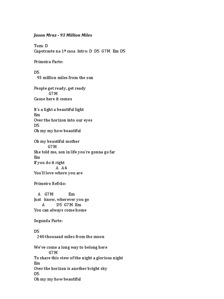 Jason Mraz 93 Million Miles Lyrics | PDF