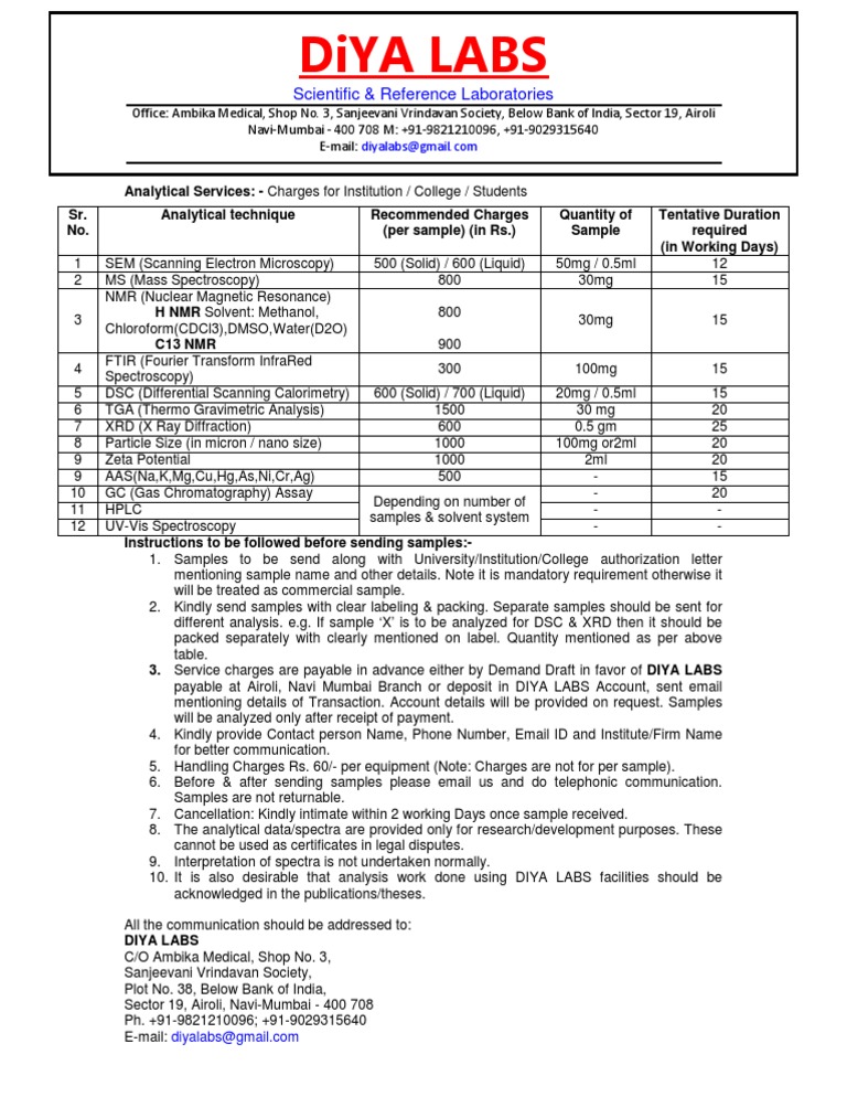 Analytical Services Pricing at Diya Labs | PDF | Nuclear Magnetic ...
