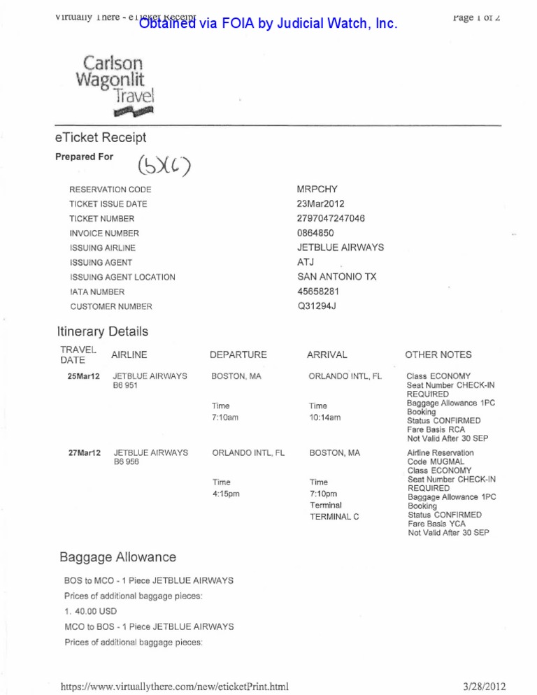 JetBlue Airways Ticket Receipt Details | PDF | Social Science | Law
