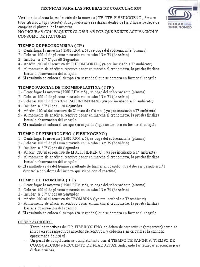 Tecnicas para Las Pruebas de Coagulacion | PDF | Coagulación ...