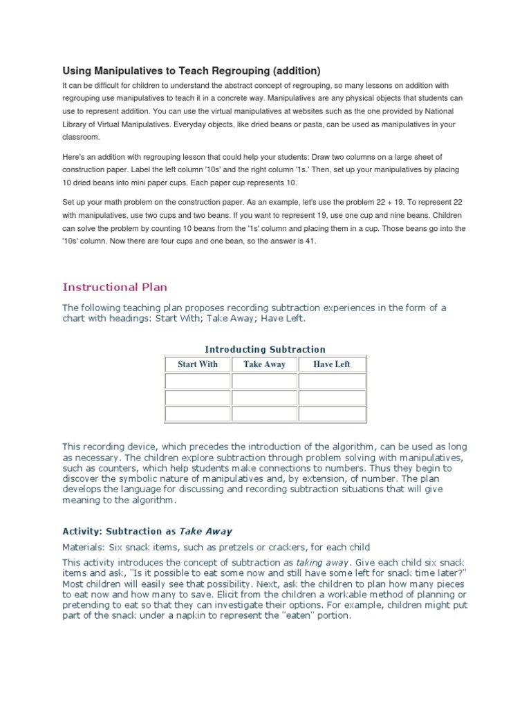 Using Manipulatives To Teach Regrouping Pdf Subtraction Equations