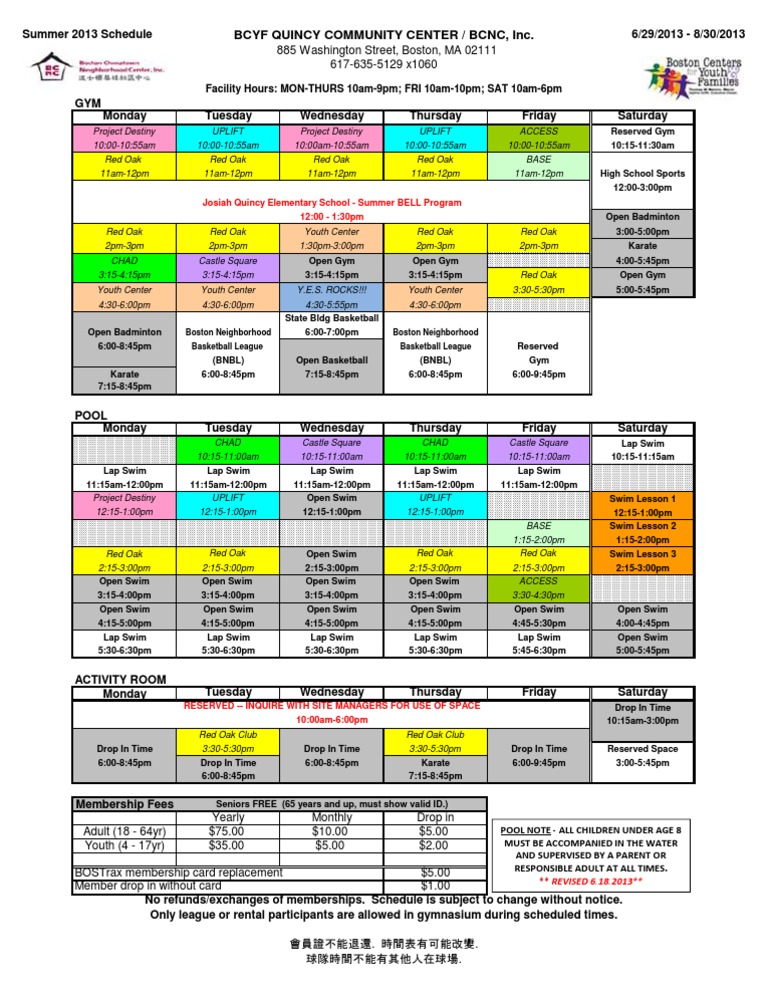 QCCBCNC Recreation Schedule SUMMER 2013 tcm339112 PDF