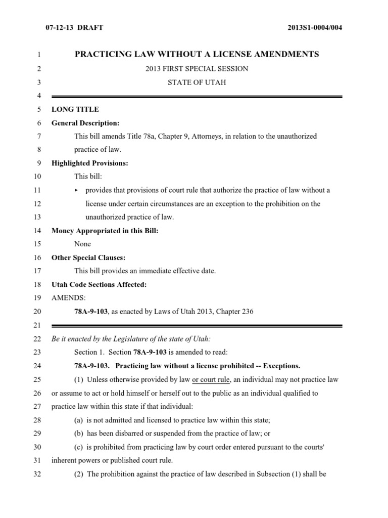 Bill 1 PRACTICING LAW WITHOUT A LICENSE AMENDMENTS | PDF