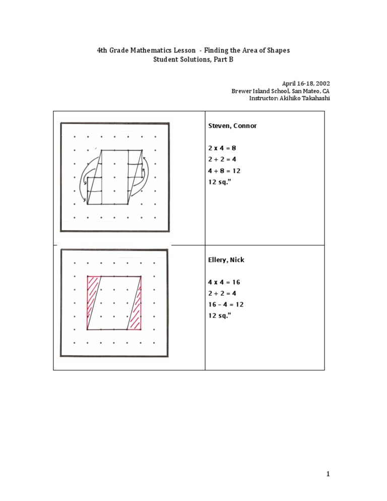 4th Grade Mathematics Lesson - Finding The Area of Shapes Student ...