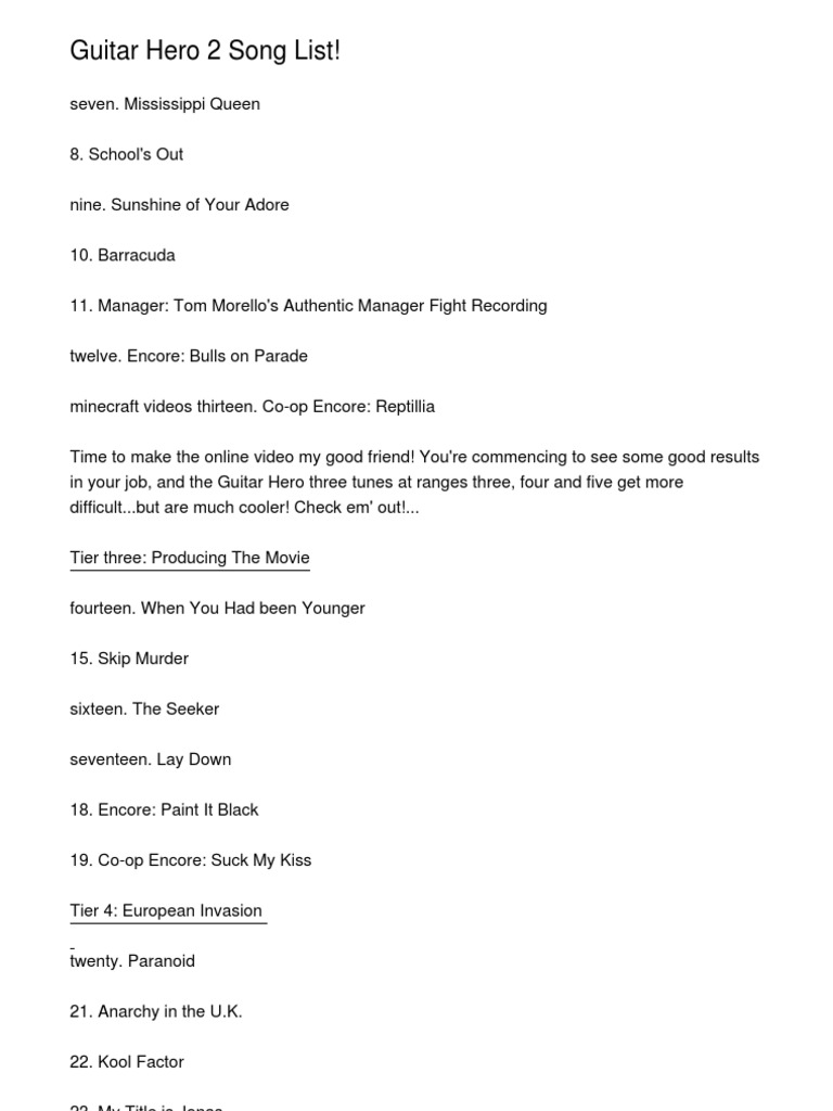 Guitar Hero 2 Song List! PDF Leisure Entertainment (General)