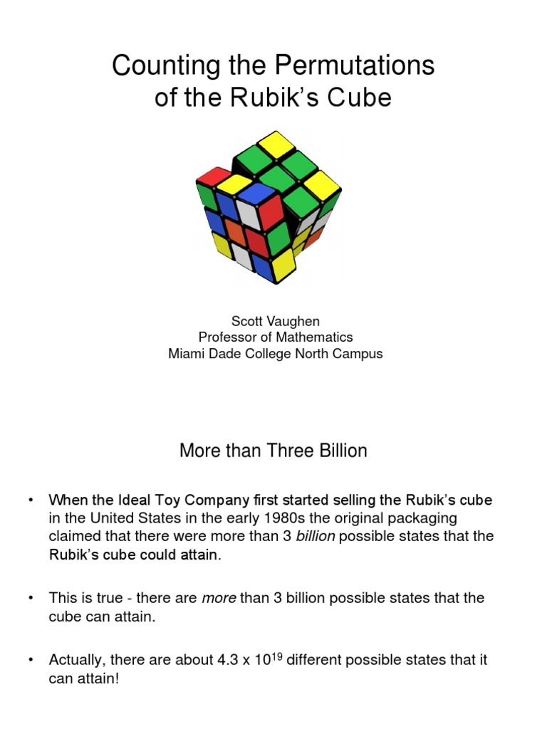 Counting The Permutations of The Rubik's Cube: Scott Vaughen Professor ...