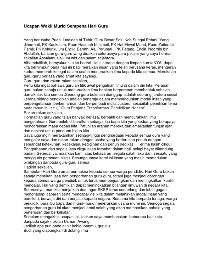 ucapan ketua murid sempena hari guru