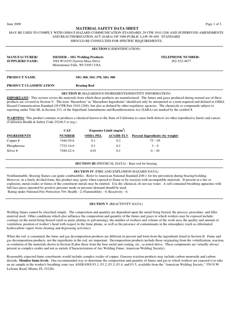 360, 370, 380 Brazing Rod MG MSDS 609 PDF Occupational Safety And