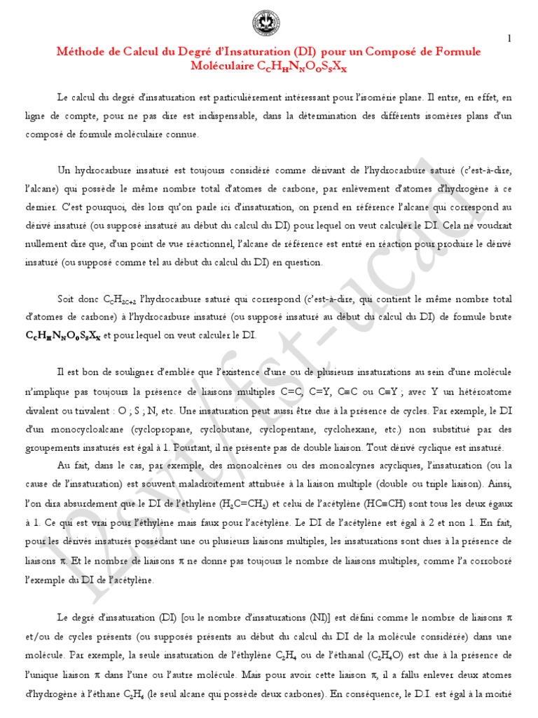 Calcul du Degré d'Insaturation en Chimie PDF Alcane Liaison chimique — free download