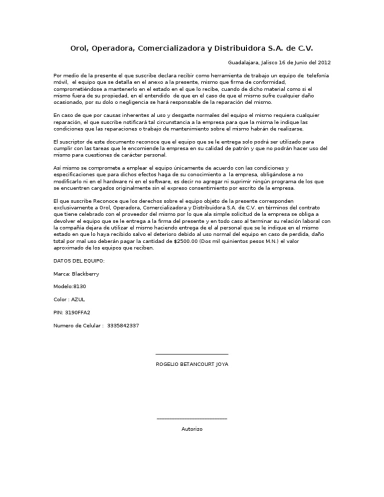 Carta Responsiva Celulares