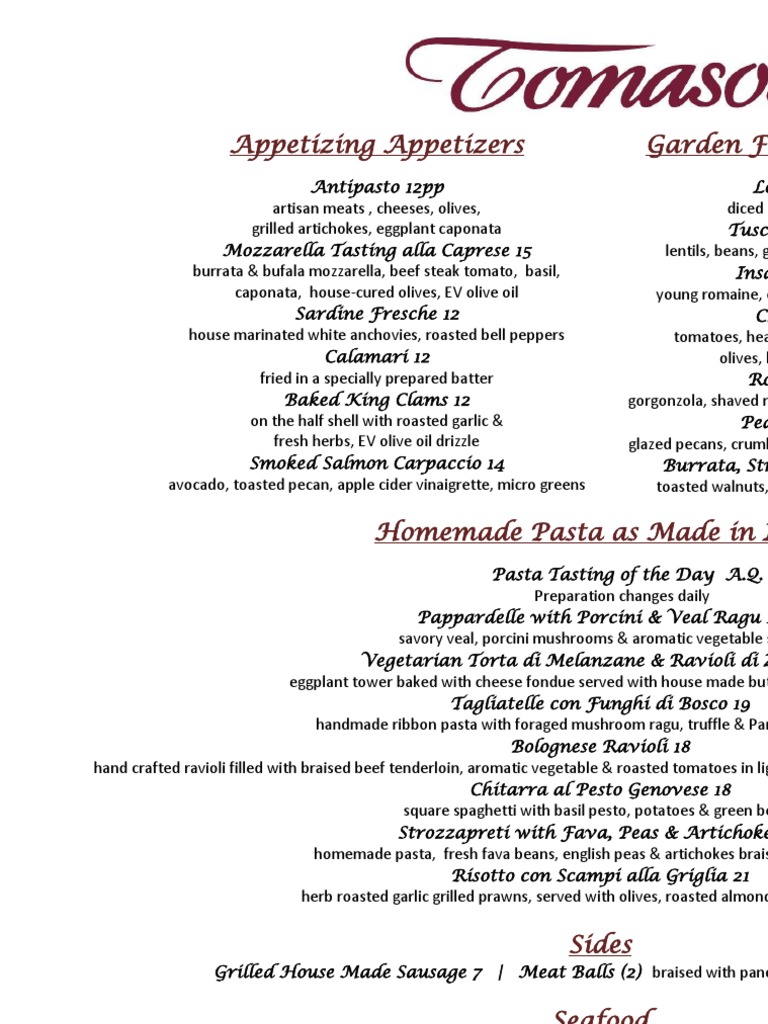 Tomaso's Menu Highlights | PDF