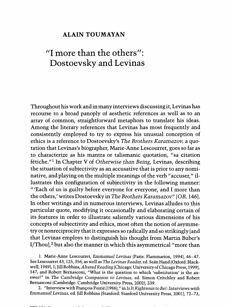 Alain Toumayan I More Than The Others Dostoevsky And Levinas Yale French Studies No 104 Encounters With Levinas The Brothers Karamazov Truth
