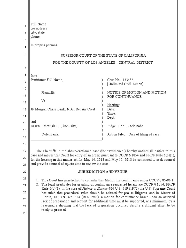 Sample Motion For Continuance Continuance Pro Se Legal 