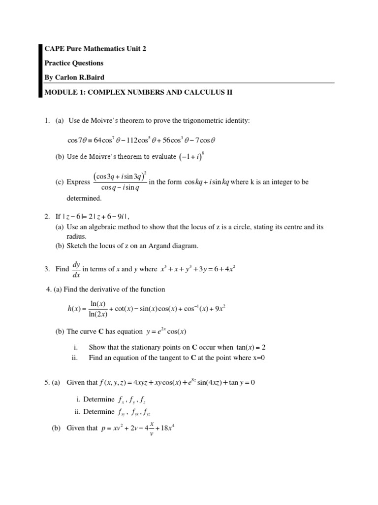 CAPE Pure Mathematics Unit 2 Practice | PDF | Sine | Elementary Mathematics