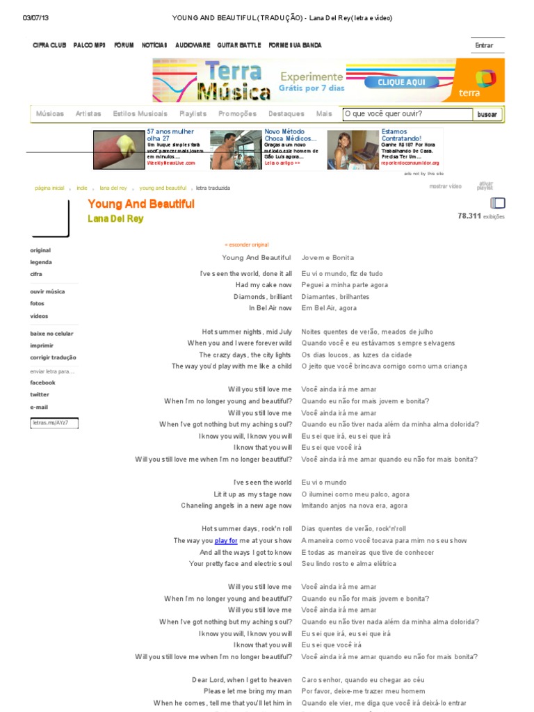 YOUNG AND BEAUTIFUL (TRADUÇÃO) - Lana Del Rey (Letra e Vídeo) | PDF | Lazer  | Entretenimento (geral)