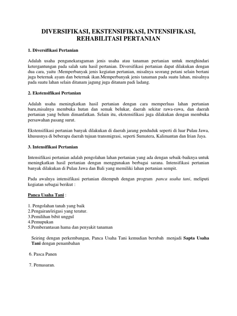 Ekstensifikasi Dan Intensifikasi Pertanian Dstkr