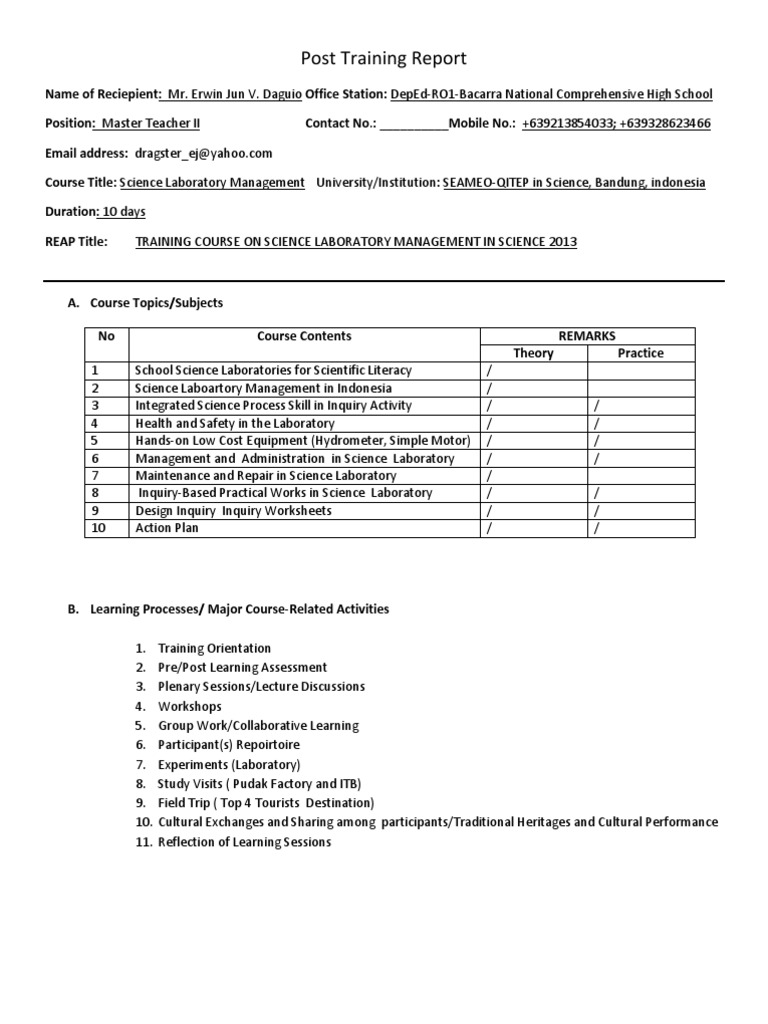 Post Training Report Form  Laboratories  Inquiry Based Learning Regarding Training Report Template Format