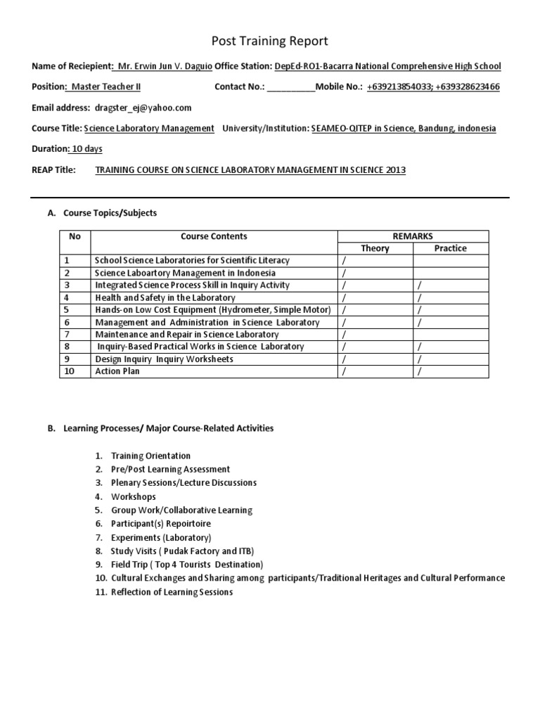 Post Training Report Form  Laboratories  Inquiry Based Learning Regarding Training Report Template Format