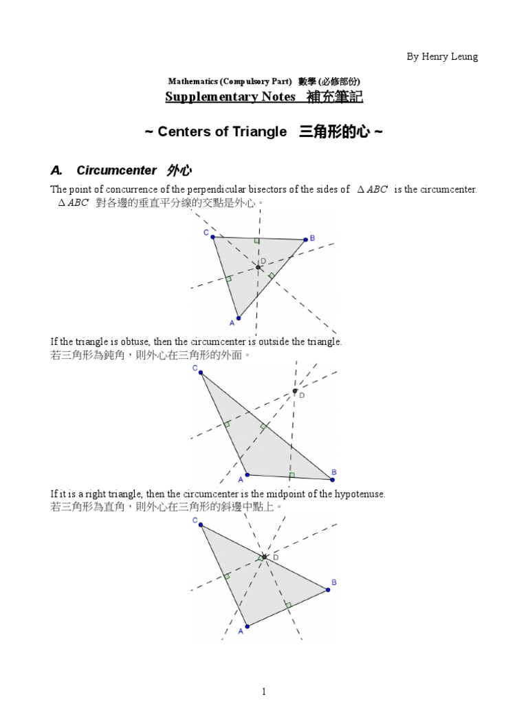 Supplementary Notes 補充筆記 Centers Of Triangle 三角形的心 Triangle Elementary Mathematics