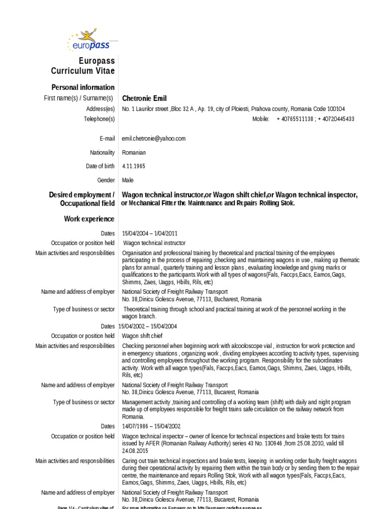 CV Europass + Scrisoare Intentie | PDF | Train | Romania