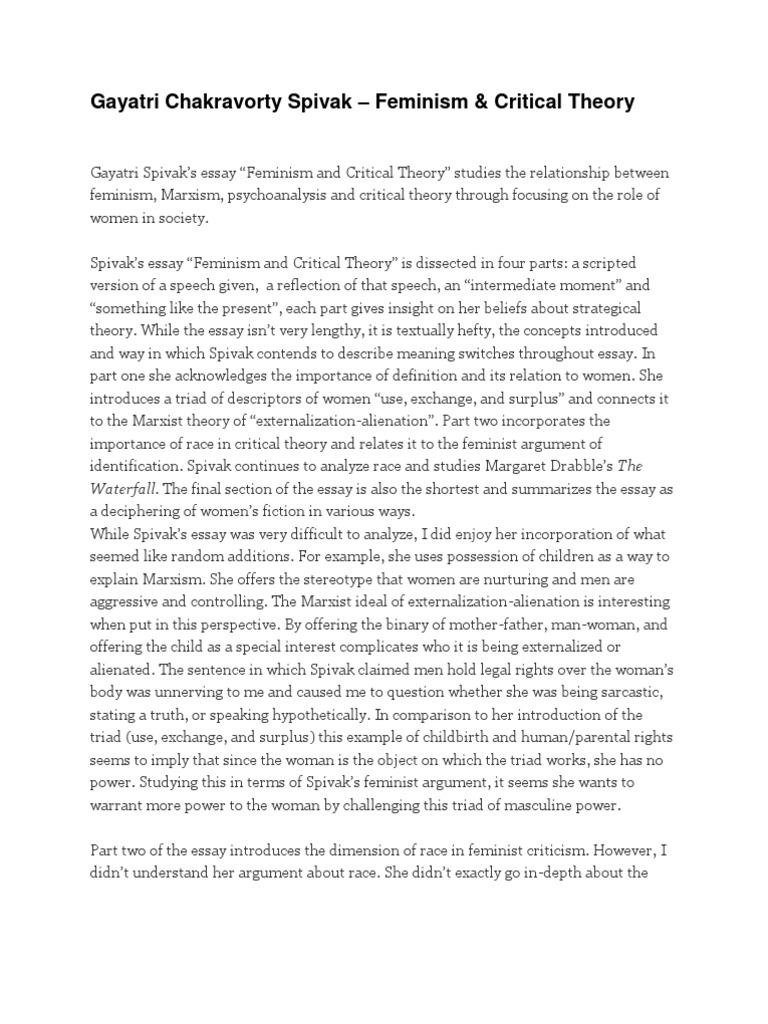 Spivak on Feminism and Critical Theory | PDF | Feminism | Gender Studies